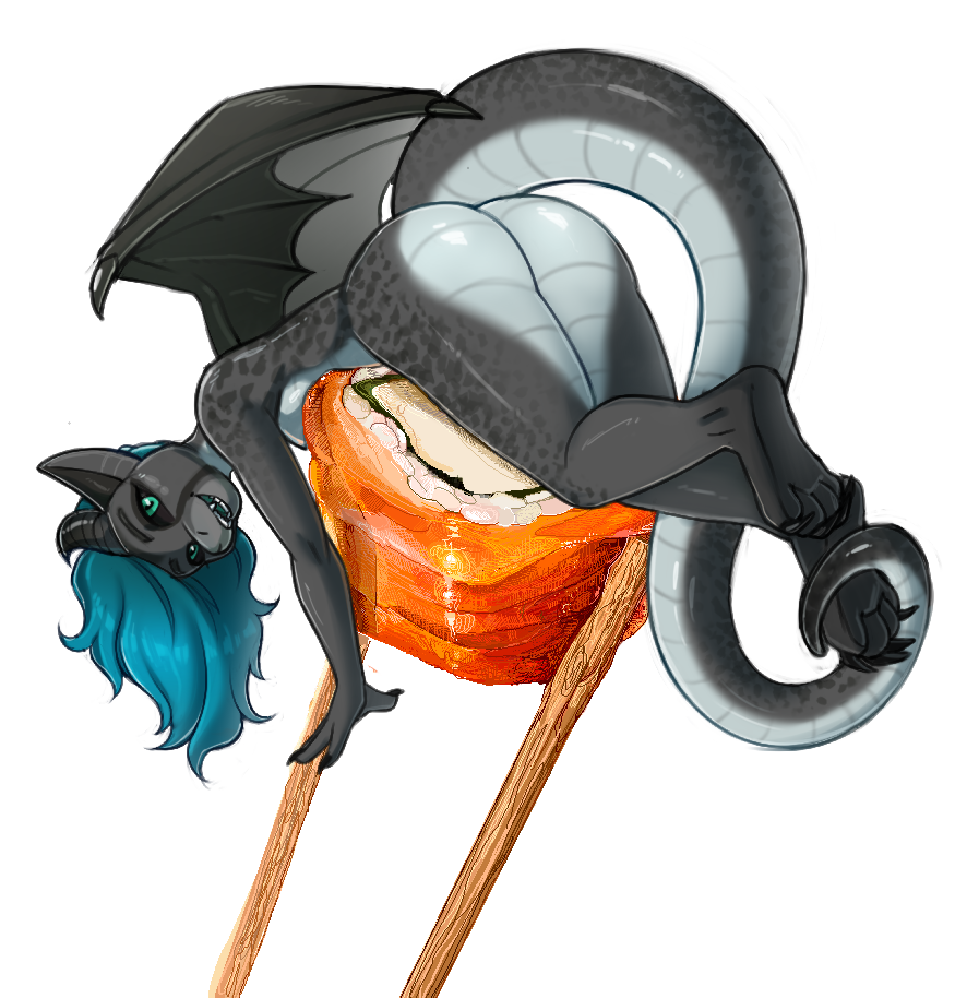 anthro barefoot black_sclera blue_hair butt chopsticks claws collaboration digital_media_(artwork) dragon feet female food green_eyes grey_body grey_scales hair horn jeffusherb long_hair membrane_(anatomy) membranous_wings moxie_(moxieloxie) nude open_mouth scales shaded simple_background solo sushi toe_claws vtza white_background wings