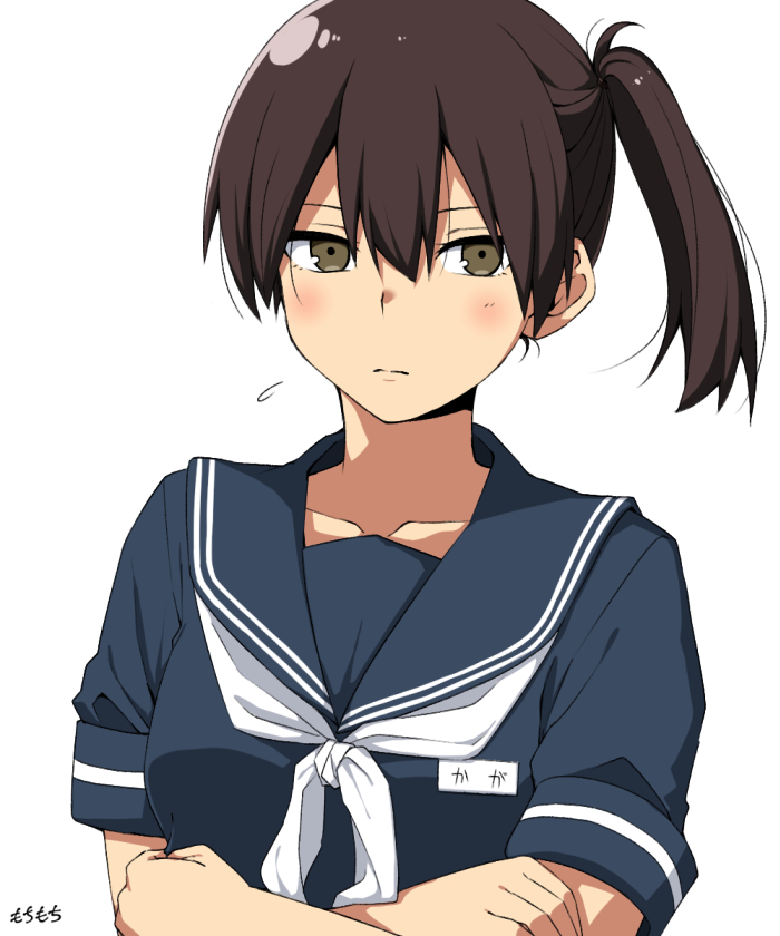 1girl alternate_costume bangs blue_sailor_collar blue_serafuku blush breasts brown_eyes brown_hair closed_mouth crossed_arms flying_sweatdrops hair_between_eyes kaga_(kancolle) kantai_collection looking_at_viewer medium_breasts moti_coi name_tag neckerchief one-hour_drawing_challenge ponytail sailor_collar school_uniform serafuku short_sleeves side_ponytail signature simple_background solo upper_body white_background white_neckerchief