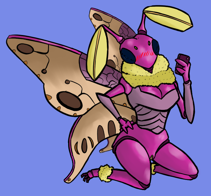 anthro arthropod blue_eyes blush clothed clothing female genitals insect lepidopteran moth mr.pp partially_clothed pink_body pinup pose pussy rosy_maple_moth selfie sitting solo