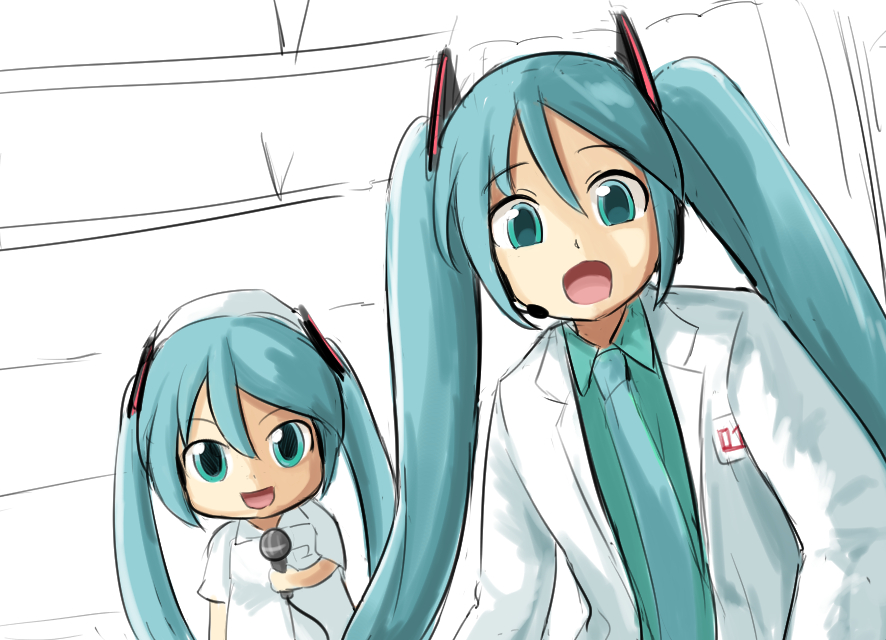 2girls aqua_eyes aqua_hair aqua_necktie aqua_shirt coat commentary doctor dress hair_ornament hat hatsune_miku headset holding holding_microphone id_card ii_desu_ka_ochitsuite_kiite_kudasai_(meme) labcoat long_hair looking_at_viewer meme metal_gear_(series) metal_gear_solid_v microphone mikudayoo multiple_girls necktie nurse nurse_cap open_mouth shirt sketch smile standing tenten_(chan4545) twintails upper_body vocaloid white_coat white_dress