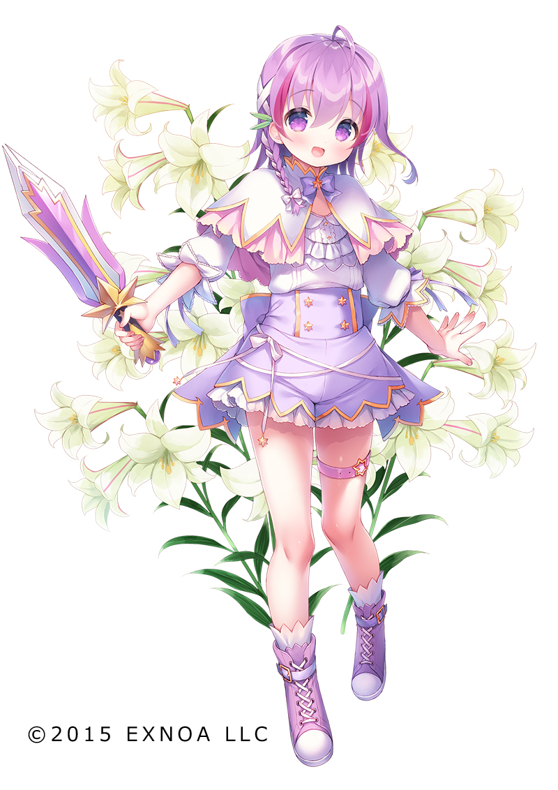 1girl :d ahoge bangs boots bow braid capelet character_request commentary_request cross-laced_footwear eyebrows_visible_through_hair flower flower_knight_girl full_body hair_between_eyes hair_bow hair_over_shoulder holding holding_sword holding_weapon lace-up_boots long_hair looking_at_viewer multicolored_hair object_namesake official_art puffy_short_sleeves puffy_sleeves purple_eyes purple_footwear purple_hair purple_shorts red_hair shirt short_shorts short_sleeves shorts single_braid smile solo standing star_(symbol) streaked_hair sword thigh_strap usashiro_mani weapon white_background white_bow white_capelet white_flower white_shirt