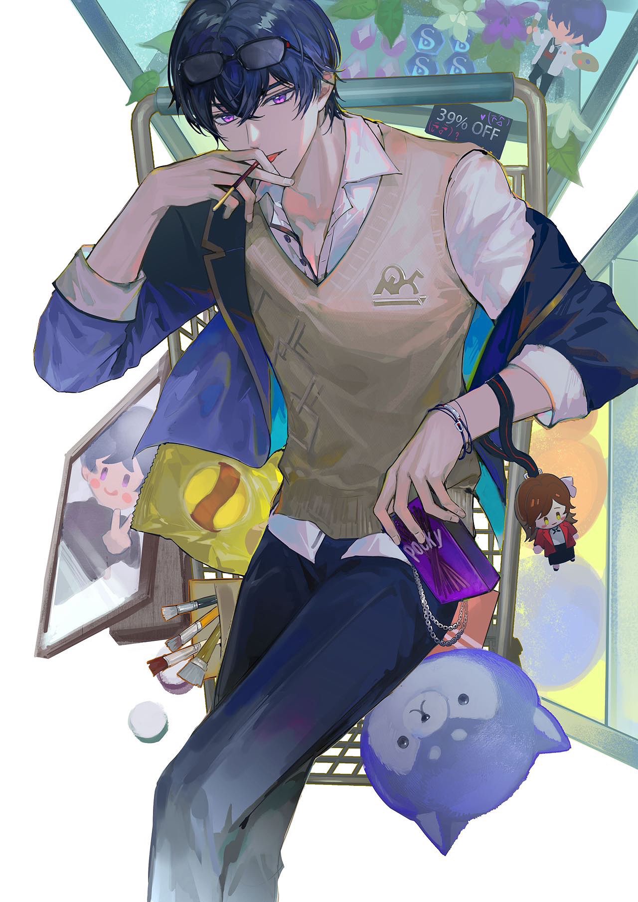 1boy bangs blue_jacket blue_pants brown_vest brush chips food highres holding holding_food jacket laoyepo long_sleeves looking_at_viewer marius_von_hagen_(tears_of_themis) open_mouth pants pocky polo_shirt rosa_(tears_of_themis) shirt shopping_cart short_hair tears_of_themis tongue tongue_out vest white_background white_shirt