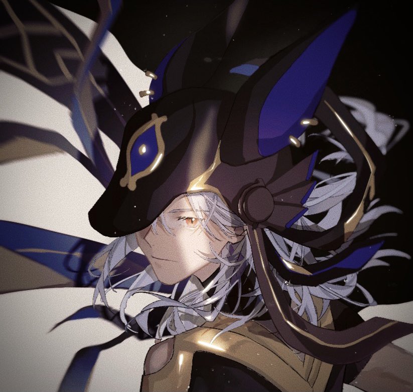 1boy animal_ears arabian_clothes bangs black_choker brown_eyes choker closed_mouth cyno_(genshin_impact) dark-skinned_male dark_skin ear_piercing english_commentary genshin_impact grey_background grey_hair hair_over_one_eye iamkumaaa jackal_ears long_hair looking_at_viewer piercing