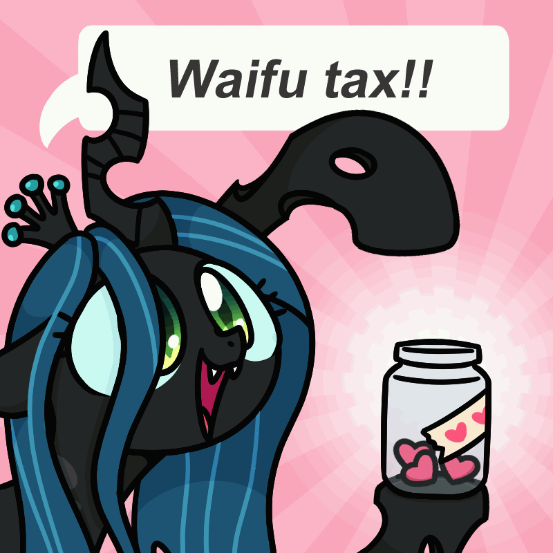&lt;3 1:1 animated arthropod changeling dialogue english_text fangs friendship_is_magic gesture glistening glistening_eyes green_eyes green_hair hair hasbro horn jar my_little_pony open_mouth open_smile pointing queen_chrysalis_(mlp) smile sugar_morning text
