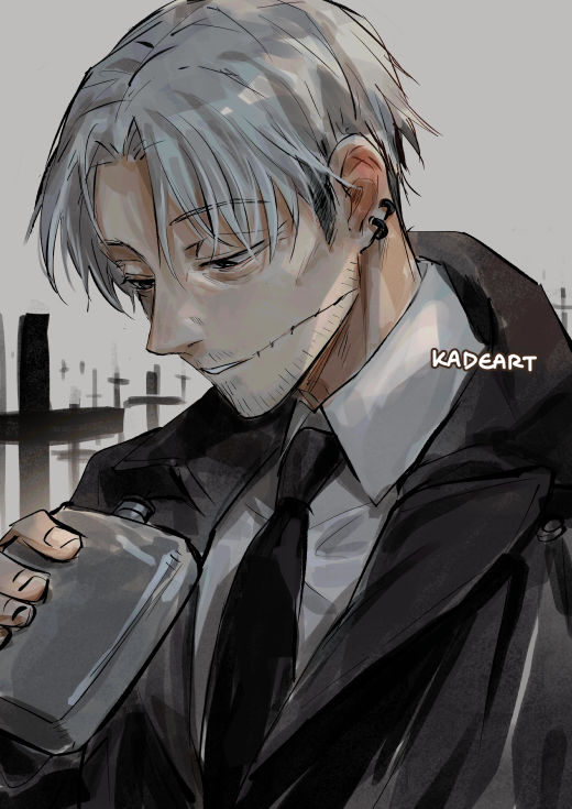 1boy alcohol bangs black_coat black_necktie chainsaw_man coat collared_shirt cross ear_piercing facial_hair flask grey_background grey_hair half-closed_eyes holding holding_flask kadeart kishibe_(chainsaw_man) looking_at_object looking_down necktie piercing scar scar_on_cheek scar_on_face shirt simple_background solo tombstone undercut