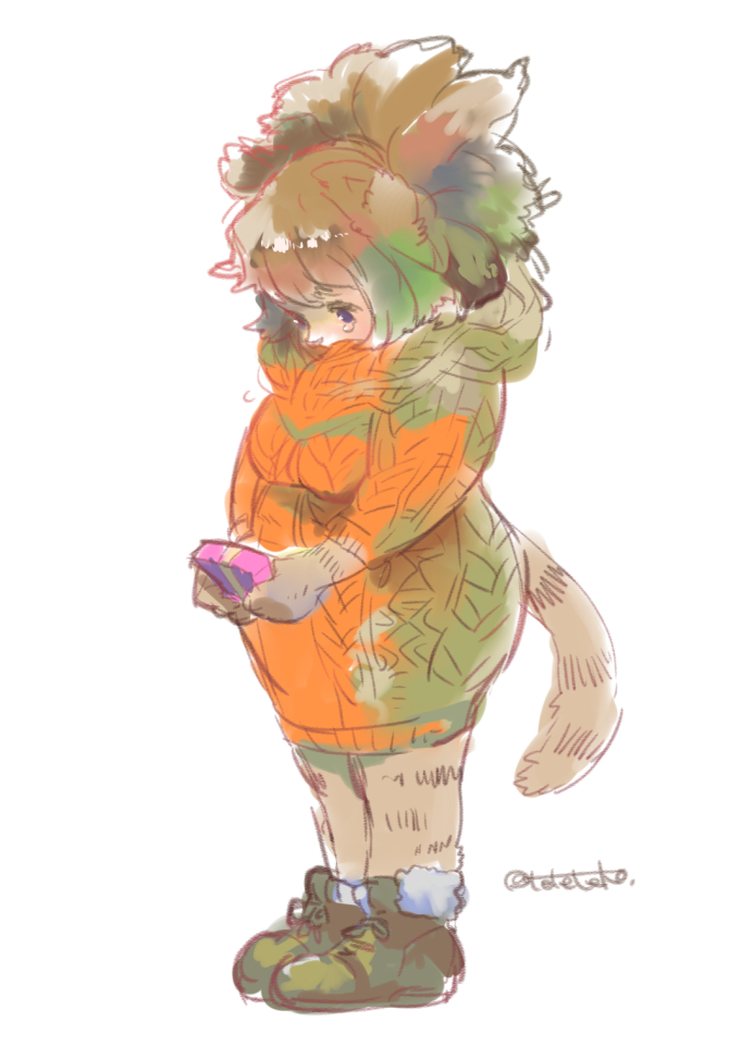 2017 anthro big_hair brown_hair clothed clothing digital_media_(artwork) dress felid female footwear full-length_portrait fur gift green_clothing green_footwear hair holding_gift holding_object kemono lion looking_down mammal monotone_hair orange_clothing orange_dress pantherine plantigrade portrait purple_eyes simple_background solo standing sweater_dress tan_body tan_fur teteteko white_background