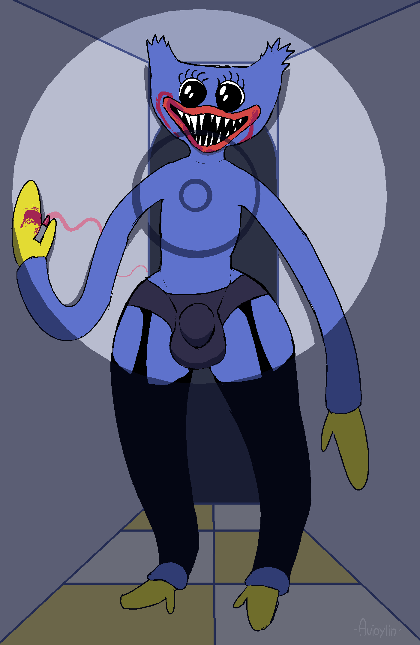 anthro avioylin bulge clothed clothing creepypasta crossdressing eyelashes garter_belt garter_straps genital_outline girly hi_res huggy_wuggy humor lipstick looking_at_viewer makeup male monster partially_clothed penis_outline poppy_playtime sharp_teeth solo teeth thick_thighs toy