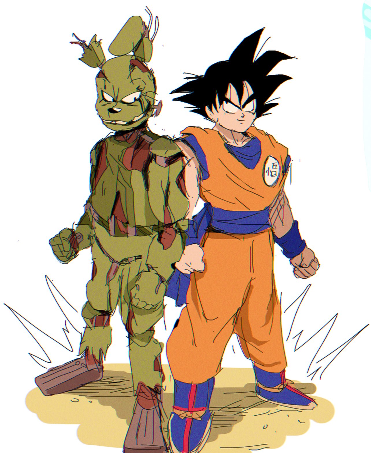 2boys animal_ears animal_robot bangs bendedede black_hair blue_footwear blue_sash blue_shirt boots clenched_hand clenched_hands collarbone commentary crossover dougi dragon_ball dragon_ball_z english_commentary five_nights_at_freddy's full_body hatching_(texture) highres looking_at_another male_focus multiple_boys orange_pants orange_shirt pants parted_lips rabbit_ears robot sash shirt simple_background smirk son_goku spiked_hair springtrap standing white_background