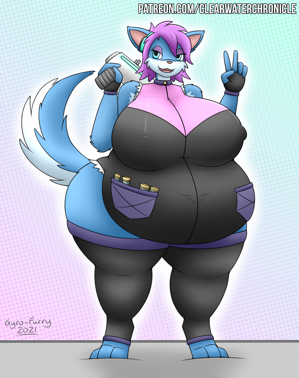 2021 3_toes 5_fingers anthro belly belly_overhang big_belly big_breasts blue_body blue_eyes blue_fur bodysuit breasts canid canine clothed clothing cute_fangs earpiece eyeshadow feet female fingerless_gloves fingers fluffy fluffy_tail fox front_view fur gesture gloves gyro-furry hair handwear hi_res holding_object holding_weapon leggings legwear makeup mammal navel_outline nipple_outline open_mouth overweight overweight_anthro overweight_female pepper_(paladins) pink_hair pink_nose pockets potion_launcher short_hair signature simple_background skinsuit solo standing text thick_thighs thigh_highs tight_clothing toes topwear url v_sign vial weapon