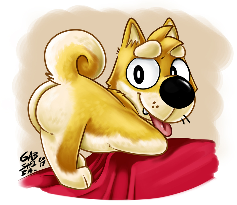 anthro black_eyes black_nose butt canid canine canis domestic_dog fur gab_shiba gabshiba male mammal nude orange_body orange_fur red_cloth shiba_inu signature smile solo spitz tan_body tan_fur teeth_showing tongue tongue_out tongue_showing whiskers