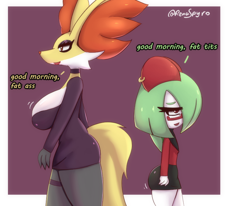 anthro big_breasts big_butt bottomwear breasts butt choker clothing delphox dialogue ear_tuft envy eyelashes eyeshadow eyewear female fur furgonomics furry-specific_piercing glasses green_hair hair huge_breasts huge_butt humanoid insult jealous jewelry karma_(renaspyro) kirlia legwear makeup miniskirt necklace nintendo pantyhose piercing pok&eacute;mon pok&eacute;mon_(species) red_eyes renaspyro rivalry roxxane_(renaspyro) simple_background skirt teacher thigh_strap tight_clothing topwear tuft video_games walking watermark white_body white_fur yellow_body yellow_fur