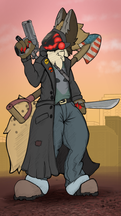 anthro digital_media_(artwork) fur gun handgun hyaenid johmn machine male mammal pistol postal_(series) postal_dude protogen ranged_weapon screen simple_background sira smile solo spotted_hyena weapon