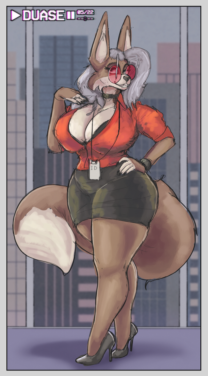 2022 anthro big_breasts bottomwear breasts canid canine canis cleavage clothed clothing duase eyewear female glasses grey_hair hair hand_on_hip hi_res high_heels mammal pencil_skirt skirt solo standing thick_thighs topwear wolf zinny_(duase)