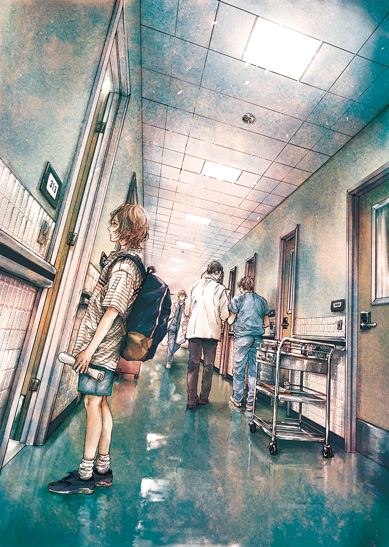 4boys backpack bag brown_hair commentary doctor door full_body hallway hospital indoors kobone_awaki labcoat light light_particles male_focus multiple_boys nurse original shoes short_hair shorts sneakers