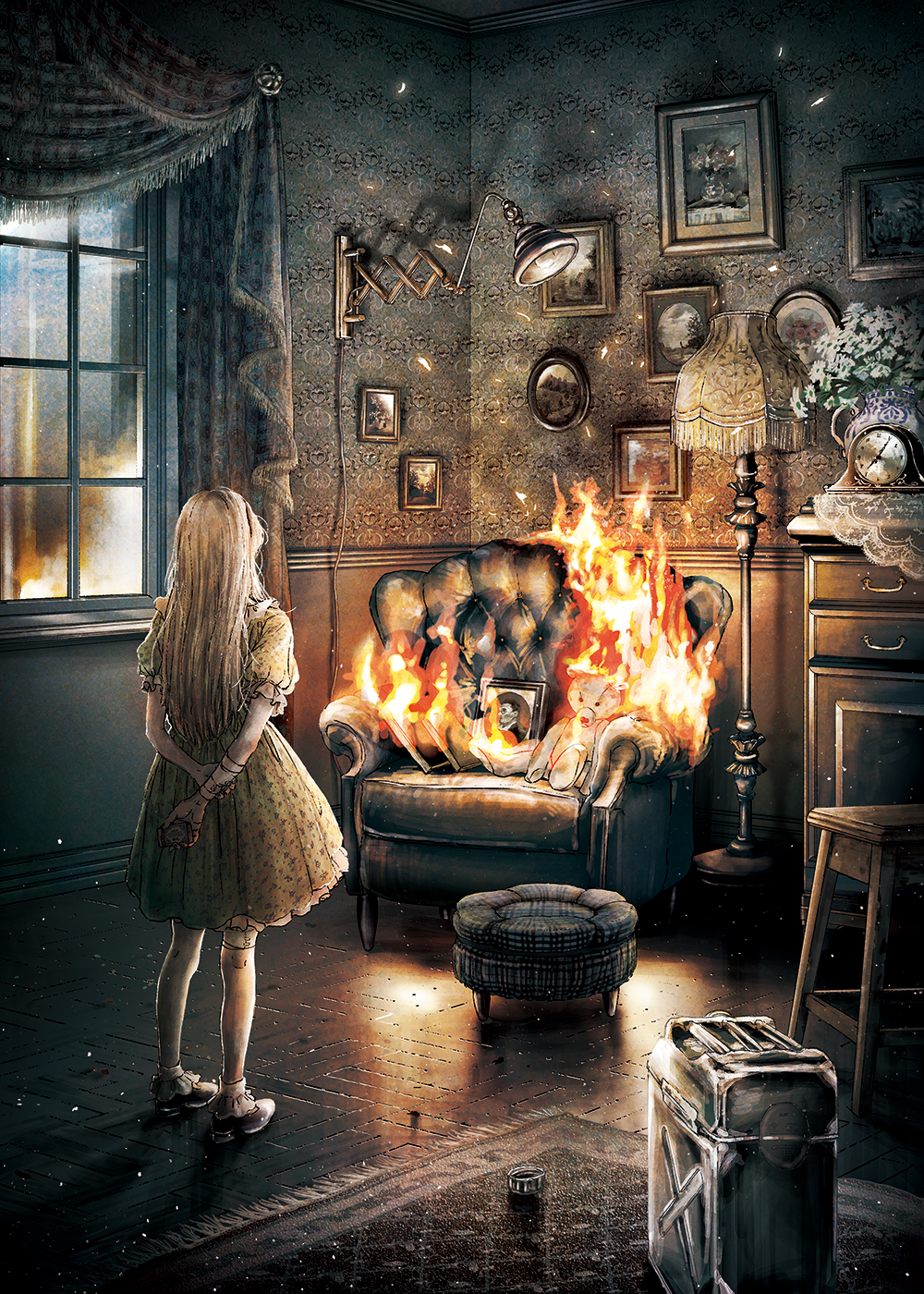1girl armchair arson bandaged_arm bandaged_leg bandaged_wrist bandages blonde_hair bobby_socks burning carpet chair chest_of_drawers clock commentary_request curtains cushion dress fire flower from_behind gas_can highres indoors kobone_awaki lamp light light_particles long_hair matchbox original shoes short_sleeves socks solo stuffed_animal stuffed_toy teddy_bear wall_lamp window wooden_floor