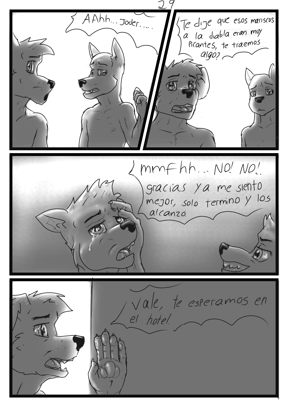 aariel anthro axel bathroom canid canine dialogue duo hi_res male male/male mammal monochrome pained_look public spanish_text tears_of_pain text wolfyalex96_(artist)