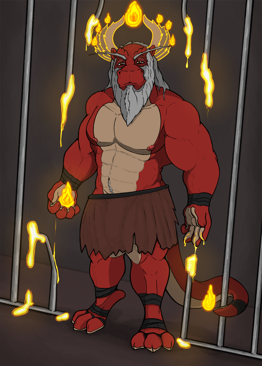 anthro asian_mythology avatar:_the_last_airbender beard clothed clothing dragon east_asian_mythology eastern_dragon facial_hair fire hi_res iroh kilt long_beard looking_at_viewer male mature_male melting melting_metal muscular mythology navel nickelodeon nipples prison prison_cell rev_(artist) scalie solo topless