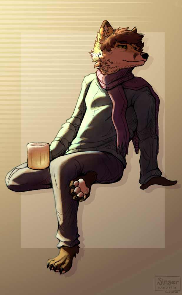 2020 alcohol anthro beer beer_mug beverage canid canine clothed clothing crossed_legs digital_drawing_(artwork) digital_media_(artwork) digital_painting_(artwork) fox full-length_portrait fully_clothed green_eyes hair leaning leaning_back looking_up lounging male mammal pawpads paws peaceful plantigrade portrait scarf simple_background sinser sitting smile solo sweater topwear white_pawpads