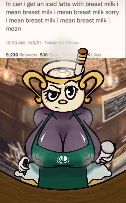 animate_inanimate apron beverage big_breasts blue_bottomwear blue_clothing blue_skirt bodily_fluids bottomwear breasts cashier clothing coffee coffee_cup coffee_shop container cup cuphead_(game) eyebrows female fisheye_lens green_apron humanoid i_mean_breast_milk lactating lactating_through_clothing latte_(disambiguation) latte_art meme milk ms._chalice nuvostalis raised_eyebrow skirt solo starbucks steam straw thick_thighs twitter unimpressed video_games wet wet_clothing
