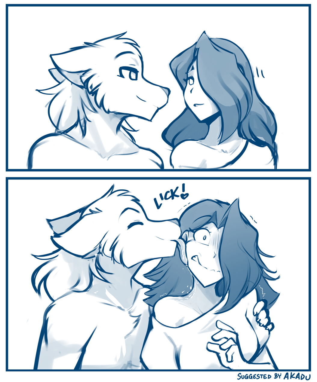 anthro blue_and_white canid canine canis clothing conditional_dnp duo female hi_res human keidran licking male mammal maren_taverndatter monochrome shirt sythe_(twokinds) tom_fischbach tongue tongue_out topwear twokinds webcomic wolf