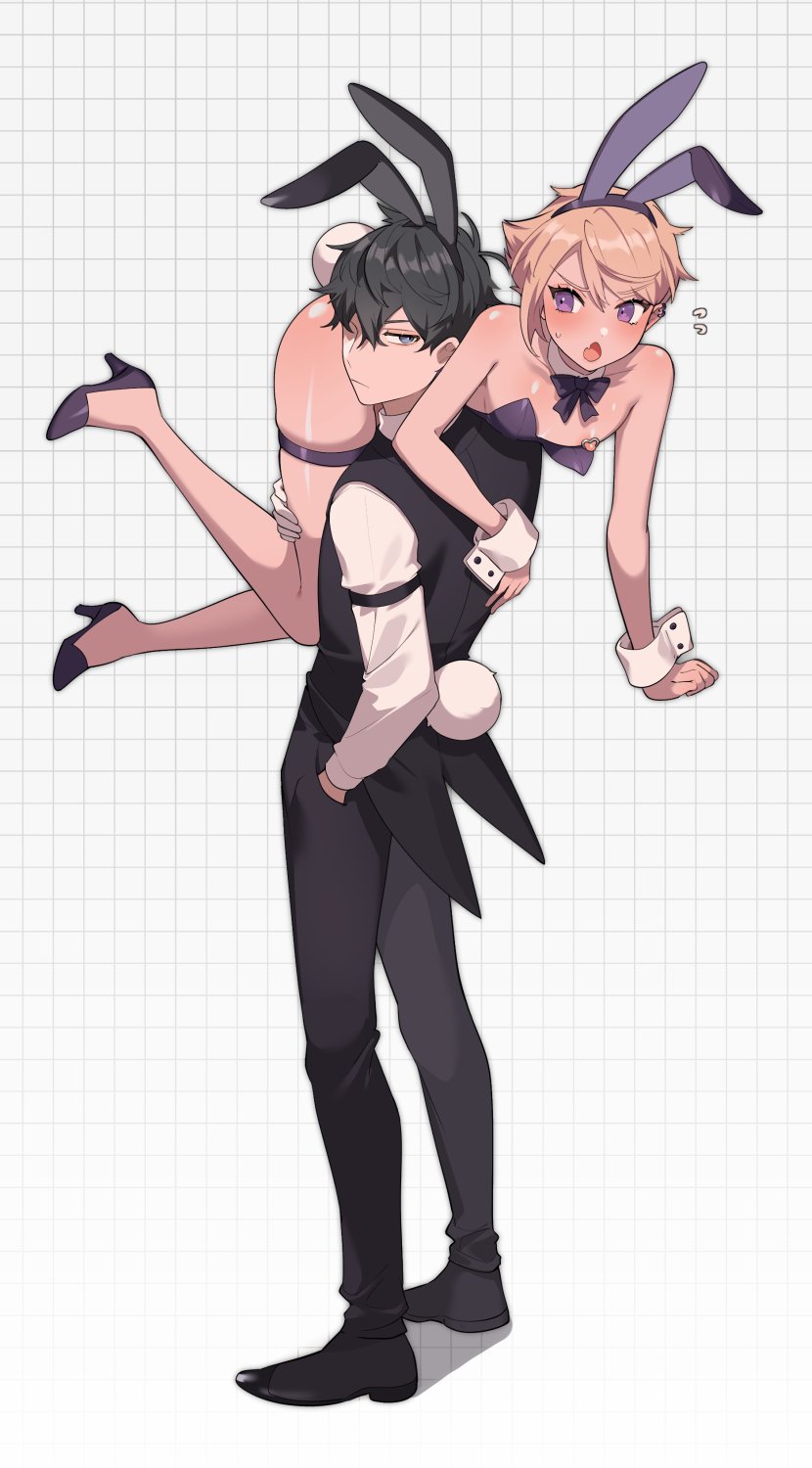 2boys animal_ears annoyed black_hair black_pants bow bowtie chinese_commentary coattails collarbone commentary_request crossdressing detached_collar fake_animal_ears full_body grey_eyes grid_background hairband hand_in_pocket high_heels highres holding_person legs leotard male_focus male_playboy_bunny ming_(5unri5e666) multiple_boys nipple_piercing nipple_rings nipple_slip nipples on_shoulder original pants piercing puffy_chest purple_bow purple_bowtie purple_eyes purple_hairband purple_leotard rabbit_tail shadow shiny shiny_clothes shiny_hair shiny_skin short_hair single_sidelock skindentation sleeve_cuffs standing sweatdrop tail thigh_strap thighs vest