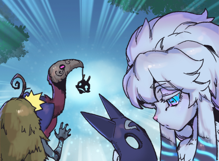 1girl 1other bangs blue_background blue_eyes character_request from_side furry furry_female gradient gradient_background grey_hair holding holding_mask kindred_(league_of_legends) lamb_(league_of_legends) league_of_legends long_hair mask mask_removed outdoors phantom_ix_row symbol-only_commentary tree