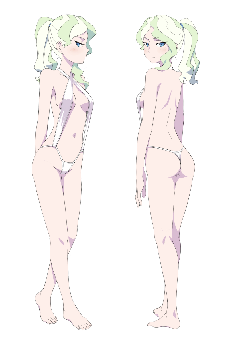 1girl ass blonde_hair blue_eyes blush breasts cleavage closed_mouth diana_cavendish eyebrows_visible_through_hair feet from_behind full_body highres little_witch_academia looking_at_viewer looking_back looking_to_the_side multiple_views navel ponytail satochi shoulder_blades simple_background slingshot_swimsuit small_breasts standing swimsuit white_background white_swimsuit