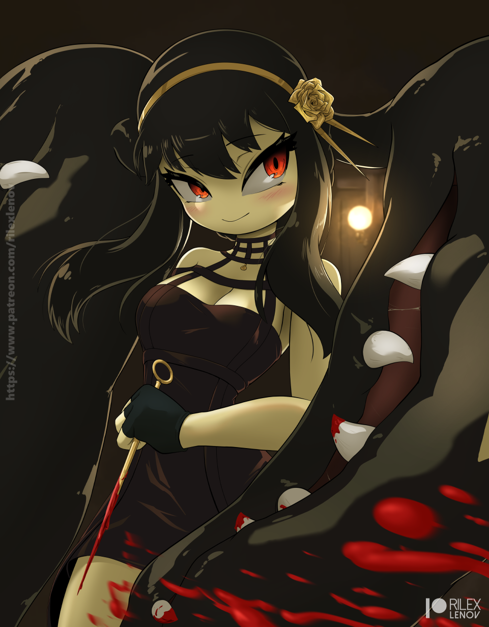 accessory anthro blood blush bodily_fluids breasts cleavage clothed clothing dress female fingerless_gloves gloves hair_accessory hairband handwear hi_res mawile nintendo pok&eacute;mon pok&eacute;mon_(species) red_eyes rilex_lenov solo spy_x_family video_games yor_forger