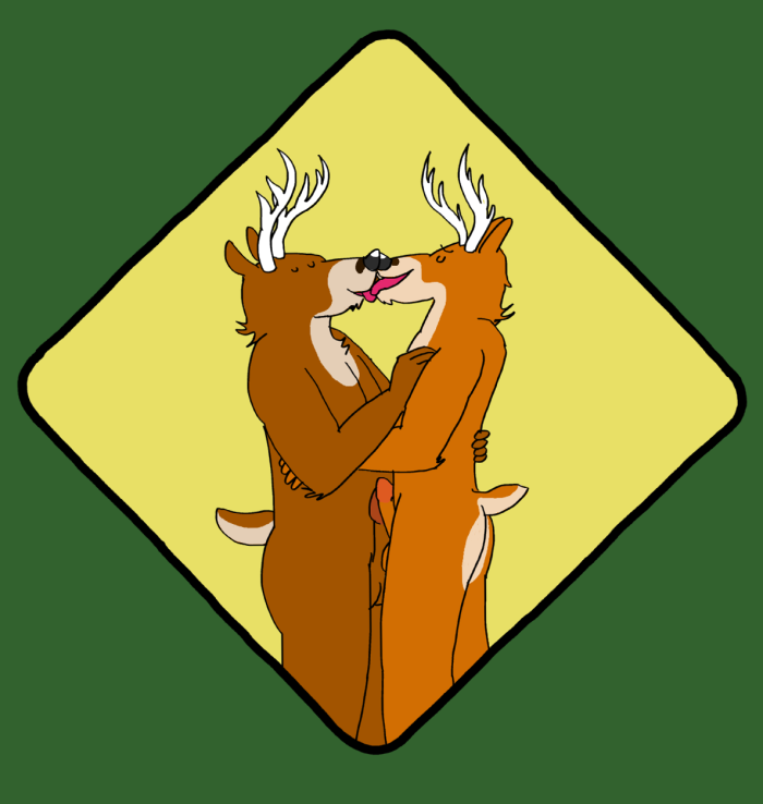 anthro antlers black_nose brown_body cervid cervine chin_tuft deer_crossing duo embrace eyes_closed face_lick facial_tuft facing_each_other frottage fur fur_tuft genitals green_background hand_on_chest hand_on_hip horn humanoid_genitalia humanoid_penis kissing licking licking_muzzle male male/male mammal multicolored_body neck_tuft nose_to_nose nuzzle_(artist) orange_body penis penis_on_penis scut_tail sex short_tail simple_background tongue tongue_out tuft two_tone_body white_body yellow_background