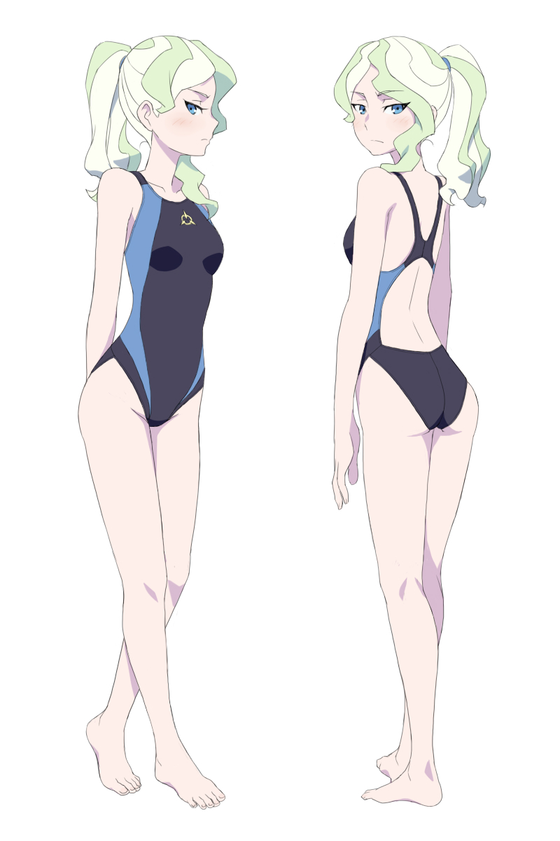 1girl ass blonde_hair blue_eyes blush breasts closed_mouth diana_cavendish eyebrows_visible_through_hair feet from_behind full_body highres little_witch_academia looking_at_viewer looking_back looking_to_the_side multicolored_clothes multicolored_swimsuit multiple_views ponytail satochi shoulder_blades simple_background small_breasts standing swimsuit white_background