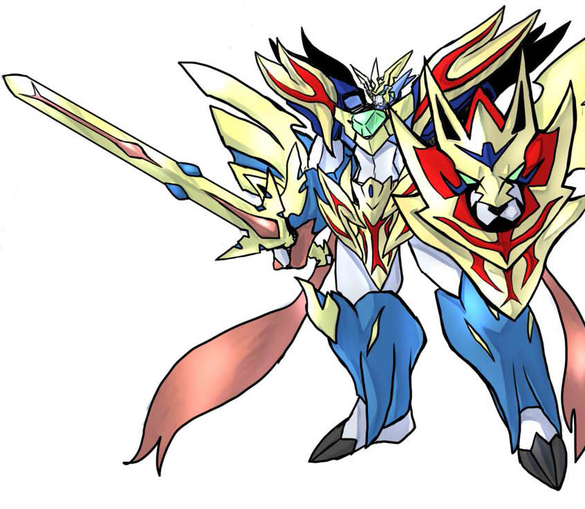 2019 ambiguous_gender armor big_sword canid canine chest_gem claws gem greaves head_hands headgear helmet holding_object holding_shield holding_sword holding_weapon humanoid ketsuneko legendary_pok&eacute;mon machine mammal mecha melee_weapon multicolored_armor nintendo pauldron pok&eacute;mon pok&eacute;mon_(species) ribbons robot robot_humanoid shield simple_background solo style_parody sword toe_claws video_games weapon white_background wings zacian zamazenta