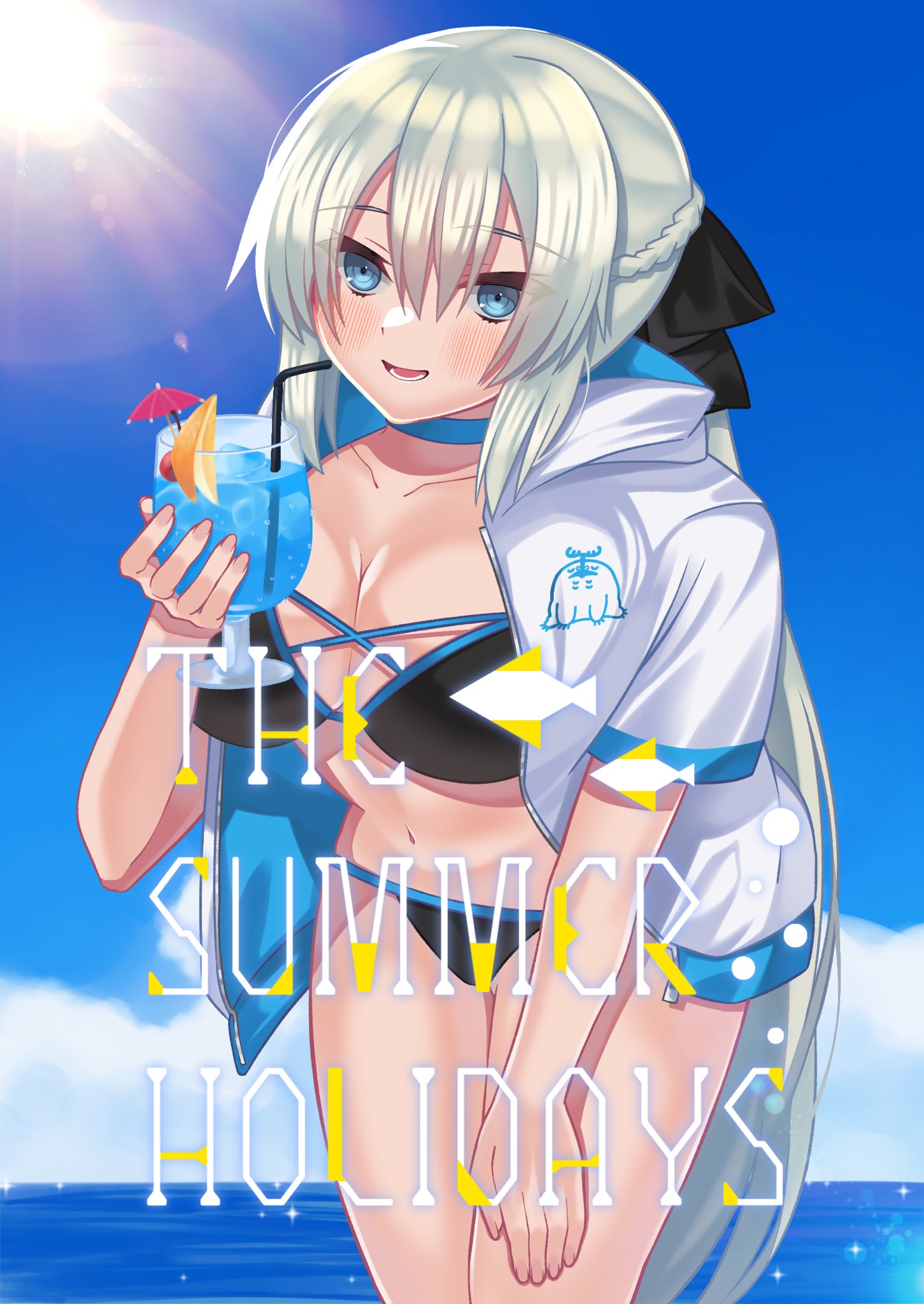 1girl akio_(akio1124) bendy_straw bikini black_bow blue_hawaii bow braid cernunnos_(fate) cocktail cocktail_glass cocktail_shaker cocktail_umbrella cup drink drinking_glass drinking_straw fate/grand_order fate_(series) food french_braid fruit glass highres jacket jacket_on_shoulders light_blue_eyes long_sleeves morgan_le_fay_(fate) open_clothes open_jacket orange_(fruit) orange_slice smile solo swimsuit white_jacket