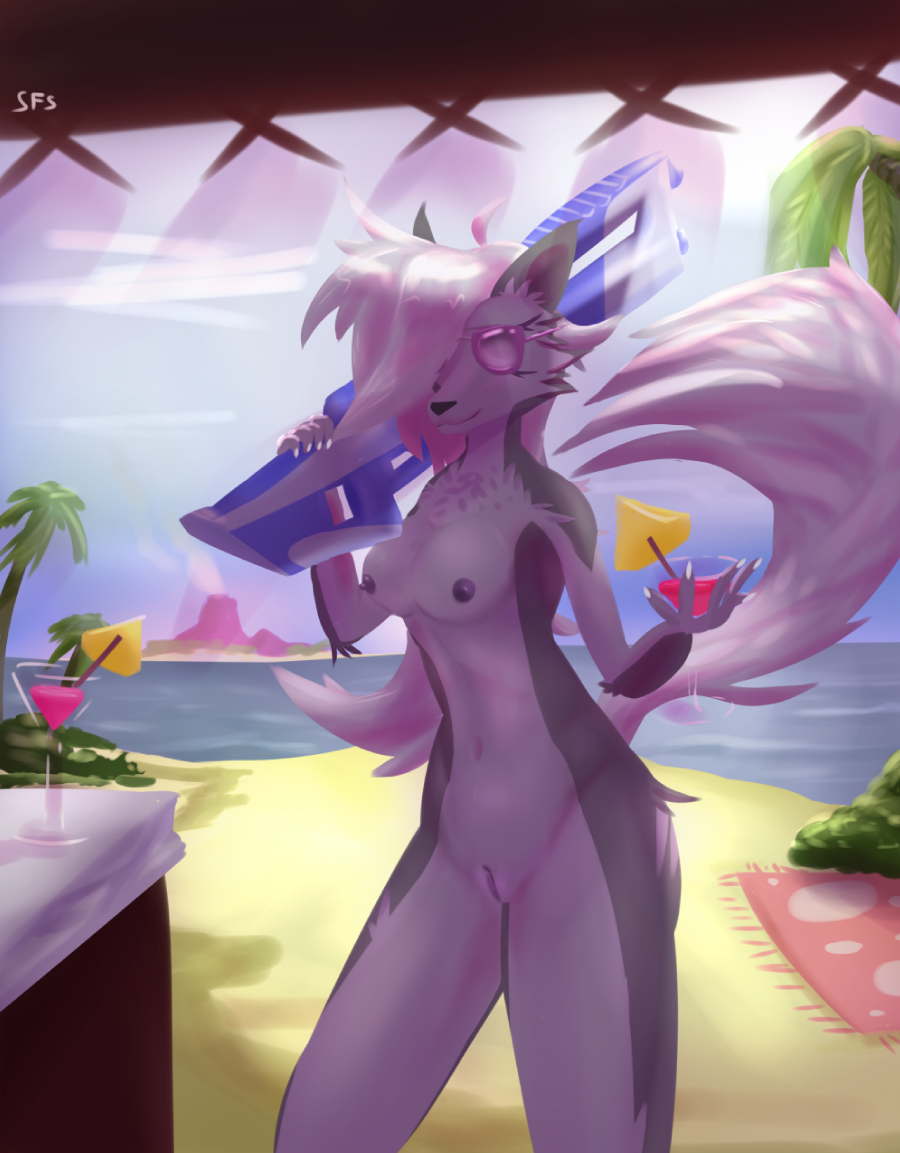 anthro beach beverage black_nose bra breasts canid canid_demon chest_tuft claws clothing demon detailed_background eyewear female fingers fluffy fluffy_tail fur genitals grey_body grey_fur gun hellhound helluva_boss inner_ear_fluff looking_at_viewer loona_(helluva_boss) mammal multicolored_body multicolored_fur navel nipples nude pussy ranged_weapon seaside smile snowflakesheep solo sunglasses tuft underwear weapon