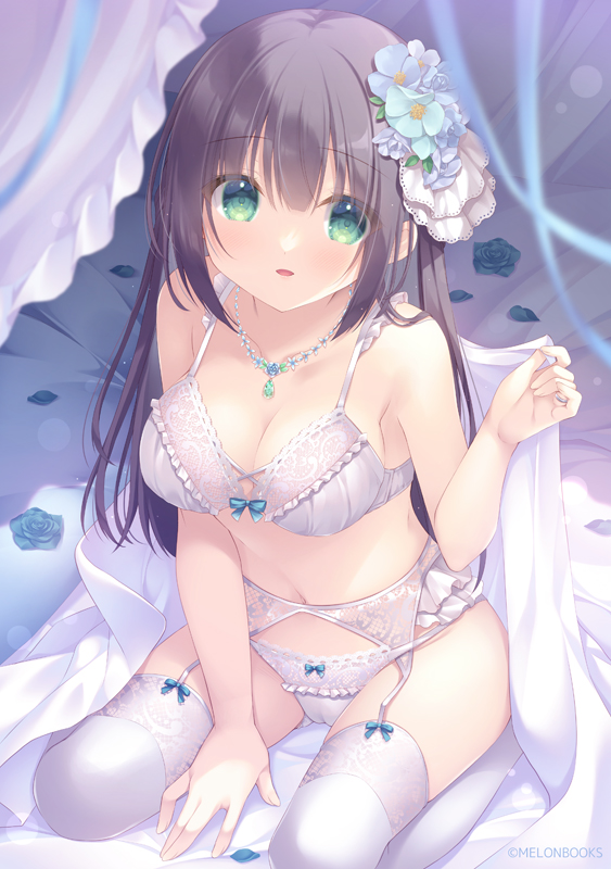 1girl bangs bare_arms bare_shoulders bed_sheet black_hair blue_flower blue_rose bow bow_bra bow_panties bra breasts cleavage collarbone commentary_request curtains eyebrows_visible_through_hair flower garter_belt green_eyes hair_between_eyes hair_flower hair_ornament hand_up long_hair looking_at_viewer medium_breasts navel original panties parted_lips petals rose sitting smile solo thighhighs underwear underwear_only wariza white_bra white_flower white_legwear white_panties yukie_(peach_candy)