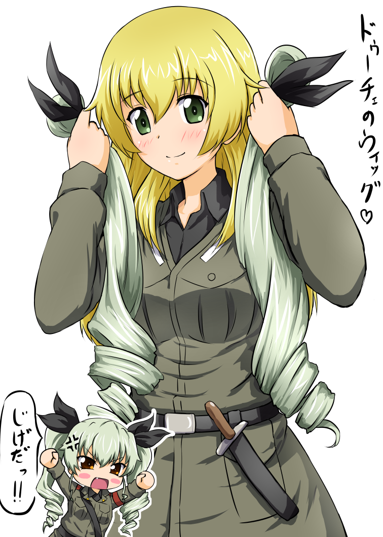 2girls anchovy_(girls_und_panzer) anger_vein anzio_military_uniform arms_up bangs belt black_belt black_ribbon black_shirt blonde_hair blush_stickers carpaccio_(girls_und_panzer) chibi closed_mouth commentary diesel-turbo dress_shirt drill_hair fang frown girls_und_panzer green_eyes green_hair grey_jacket hair_ribbon heart holding holding_wig jacket knife long_hair long_sleeves looking_at_another looking_at_viewer military military_uniform multiple_girls open_mouth outline red_eyes ribbon sam_browne_belt shirt simple_background smile standing translated twin_drills twintails uniform white_background white_outline wig wing_collar