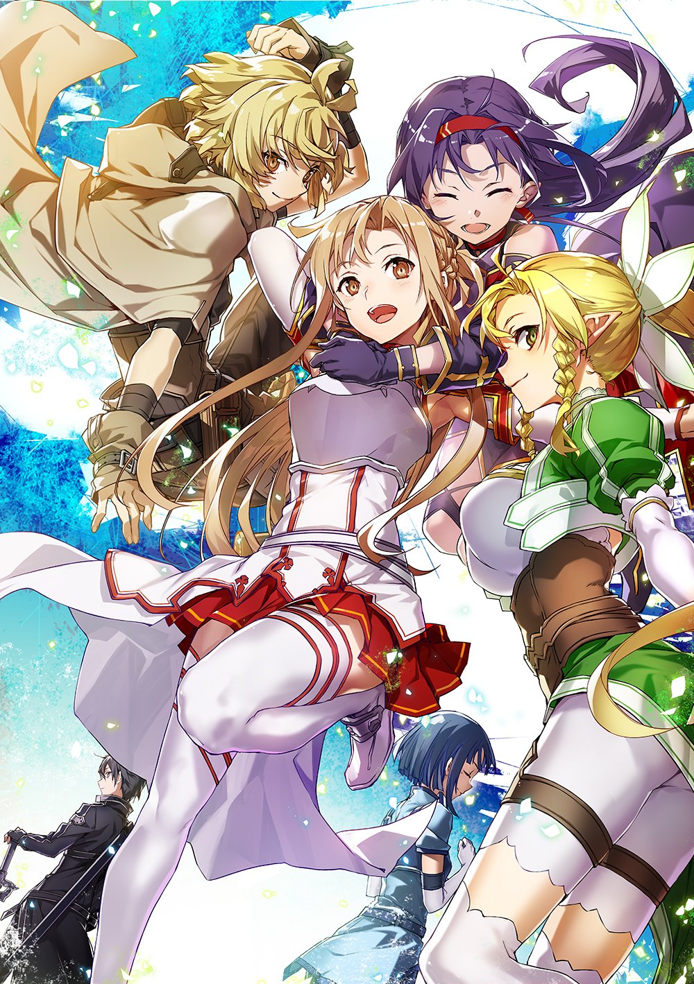 1boy 5girls argo_the_rat armor asuna_(sao) blonde_hair body_armor brown_eyes brown_hair bunbun cover_image dengeki_bunko highres kirito leafa long_hair looking_at_viewer multiple_girls novel_illustration official_art purple_hair sachi_(sao) second-party_source short_hair smile sword_art_online textless_version thighhighs white_legwear yuuki_(sao)