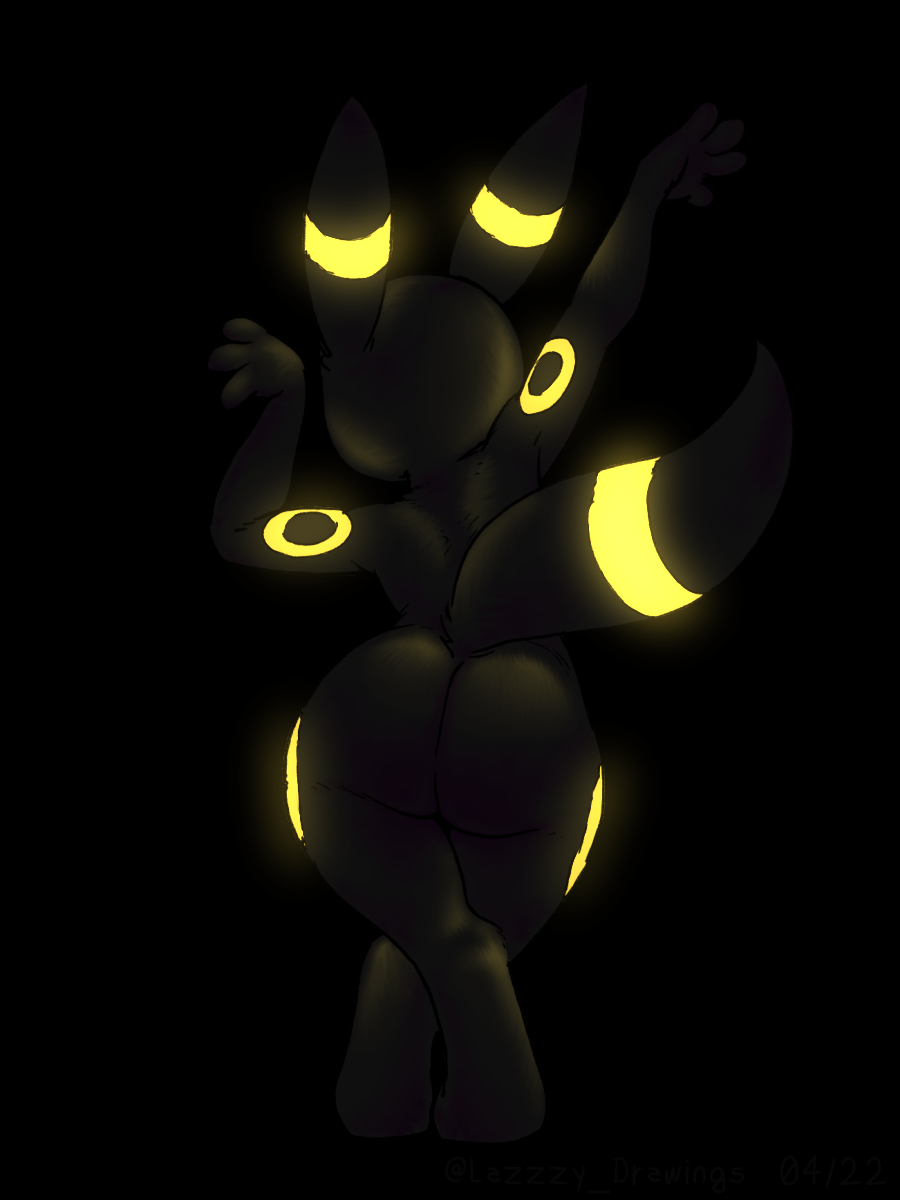 3:4 ambiguous_gender anthro big_butt biped black_body black_fur butt colored dark digital_drawing_(artwork) digital_media_(artwork) digitigrade eeveelution fur glowing glowing_markings hi_res lazzzy_drawings light markings nintendo nude pok&eacute;mon pok&eacute;mon_(species) pose rear_view simple_background solo standing umbreon video_games