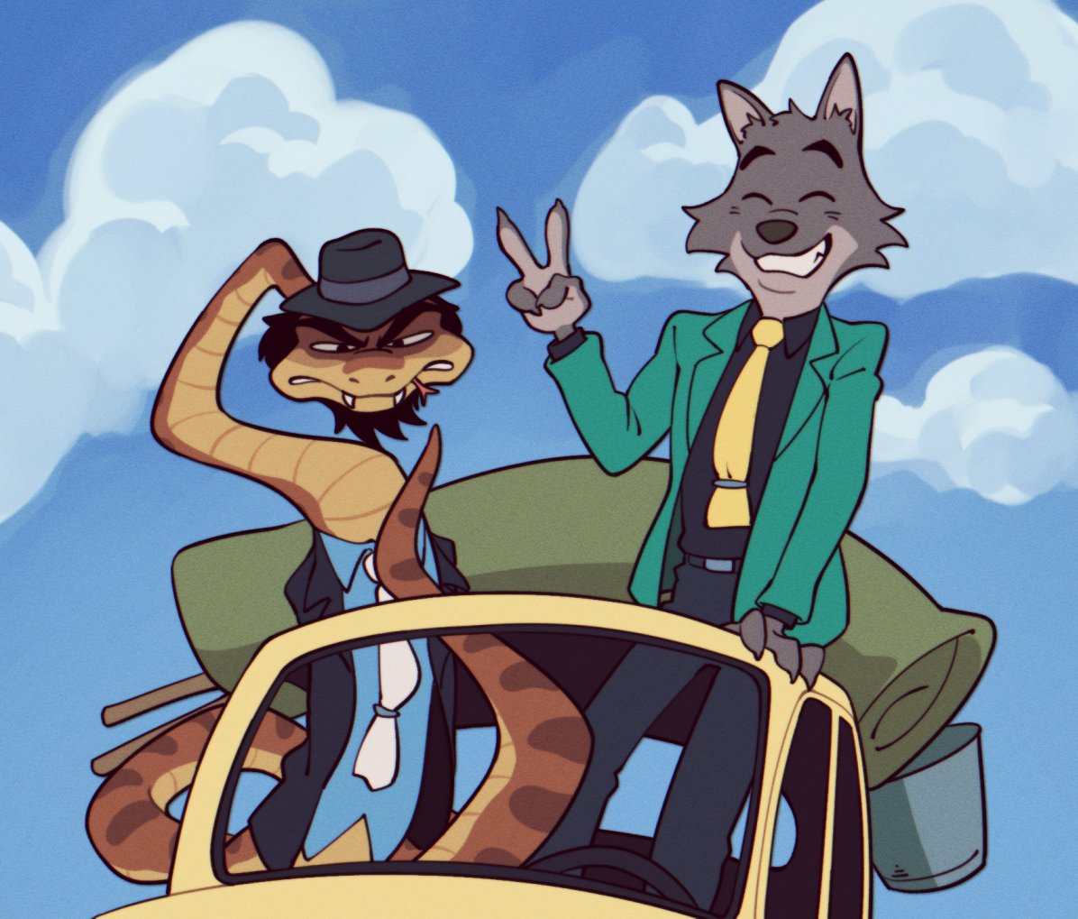 anthro canid canine canis car clothing dreamworks duo eyes_closed frown gesture hat headgear headwear lupin_iii male mammal mr._snake_(the_bad_guys) mr._wolf_(the_bad_guys) necktie reptile scalie smile snake suit the_bad_guys unseriousguy v_sign vehicle wolf