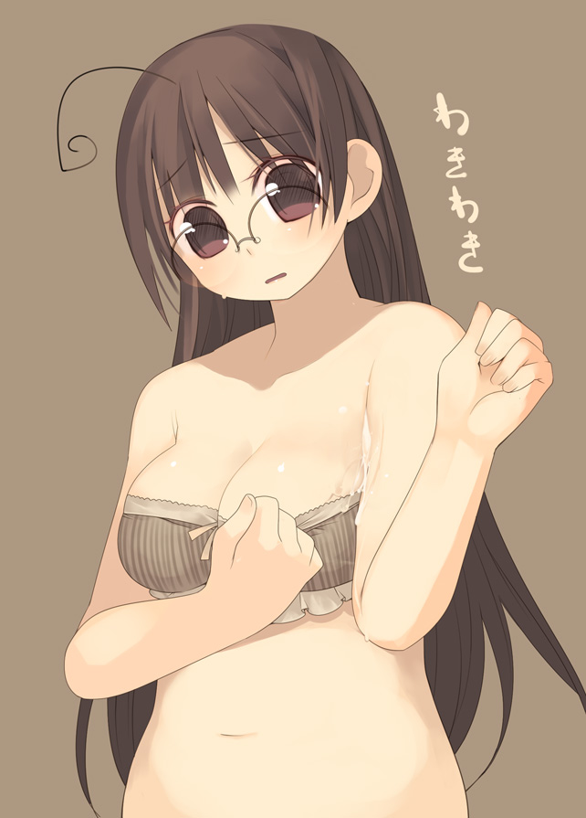 arima_senne armpits breasts brown_hair cum glasses kashiwamochi_yomogi large_breasts original solo
