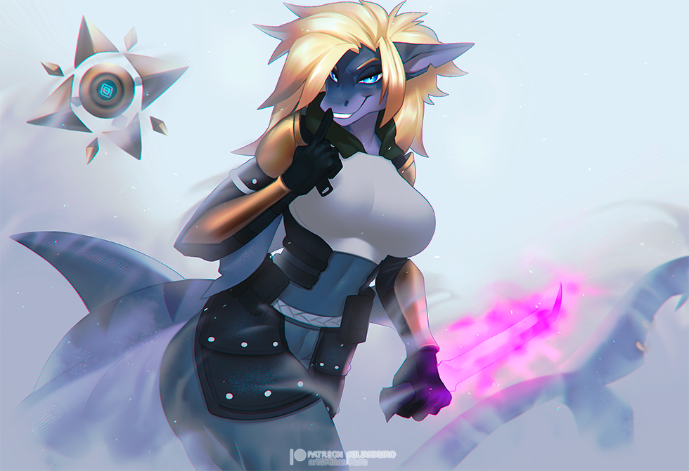 2022 alyx_the_shark anthro big_tail blonde_hair blue_eyes breasts clothing dagger dolorosacake female fin finger_to_mouth fish gloves hair handwear holding_object holding_weapon humanoid_pointy_ears looking_at_viewer machine marine melee_weapon raised_finger shaded shark shark_tail signature simple_background smile solo teeth_visible weapon white_background