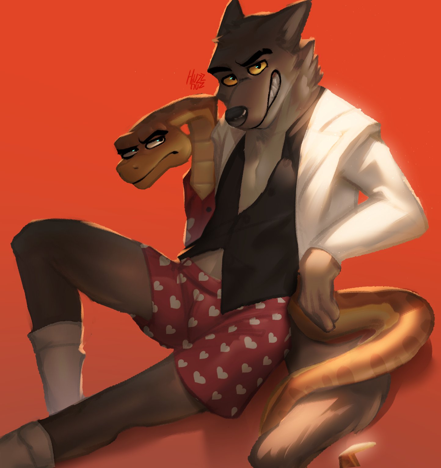 aloha_shirt anthro boxers_(clothing) canid canine canis clothing dreamworks duo feral fur hi_res huzzhuz male male/male mammal mr._snake_(the_bad_guys) mr._wolf_(the_bad_guys) pattern_clothing pattern_shirt pattern_topwear reptile scales scalie shirt simple_background smile smirk snake suit the_bad_guys topwear underwear wolf