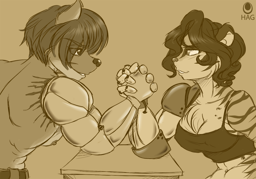 2015 4_fingers anna_(avencri) anthro arm_wrestling athletic athletic_anthro athletic_female athletic_male avencri big_breasts bottomwear breasts bruce_altone canid canine canis cleavage clothed clothing competition cybernetic_arm cybernetic_limb duo eye_contact felid female fingers fur furniture hair humanoid_hands looking_at_another male mammal navel nipples pantherine pants pecs scar shirtless signature smile striped_body striped_fur stripes table the_darwin_chronicles tiger topless topless_anthro topless_male wolf