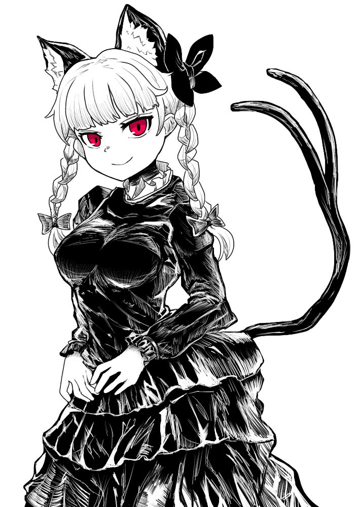 1girl animal_ears bow braid breasts cat_ears cat_tail dress extra_ears eyebrows_behind_hair forked_tail greyscale hair_bow irumina777 juliet_sleeves kaenbyou_rin long_sleeves looking_at_viewer monochrome nekomata puffy_sleeves red_eyes simple_background smile solo spot_color tail touhou twin_braids twintails white_background