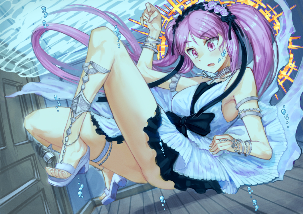 1girl bare_shoulders commentary door doorknob dress euryale_(fate) eyebrows_visible_through_hair fate/grand_order fate/hollow_ataraxia fate_(series) giant giantess goddess hairband headdress indoors kaga_kasama lolita_hairband long_hair purple_eyes purple_hair thighs twintails underwater white_dress