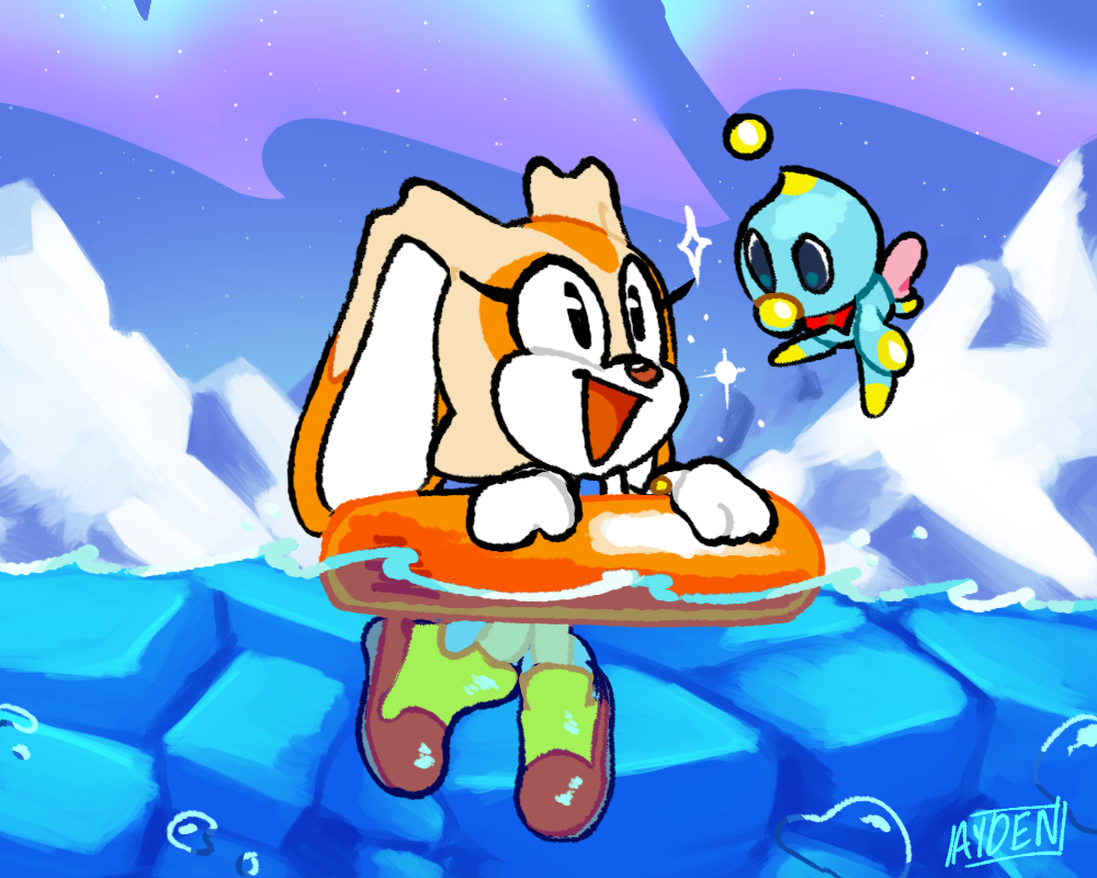 artisyone black_eyes blue_body blue_eyes bow_tie bubble chao_(sonic) cheese_the_chao covering covering_mouth cream_the_rabbit female flying fur ice inflatable inner_tube lagomorph leporid mammal open_mouth orange_body orange_fur pink_wings rabbit sega smile sonic_the_hedgehog_(series) sparkles swimming water wings