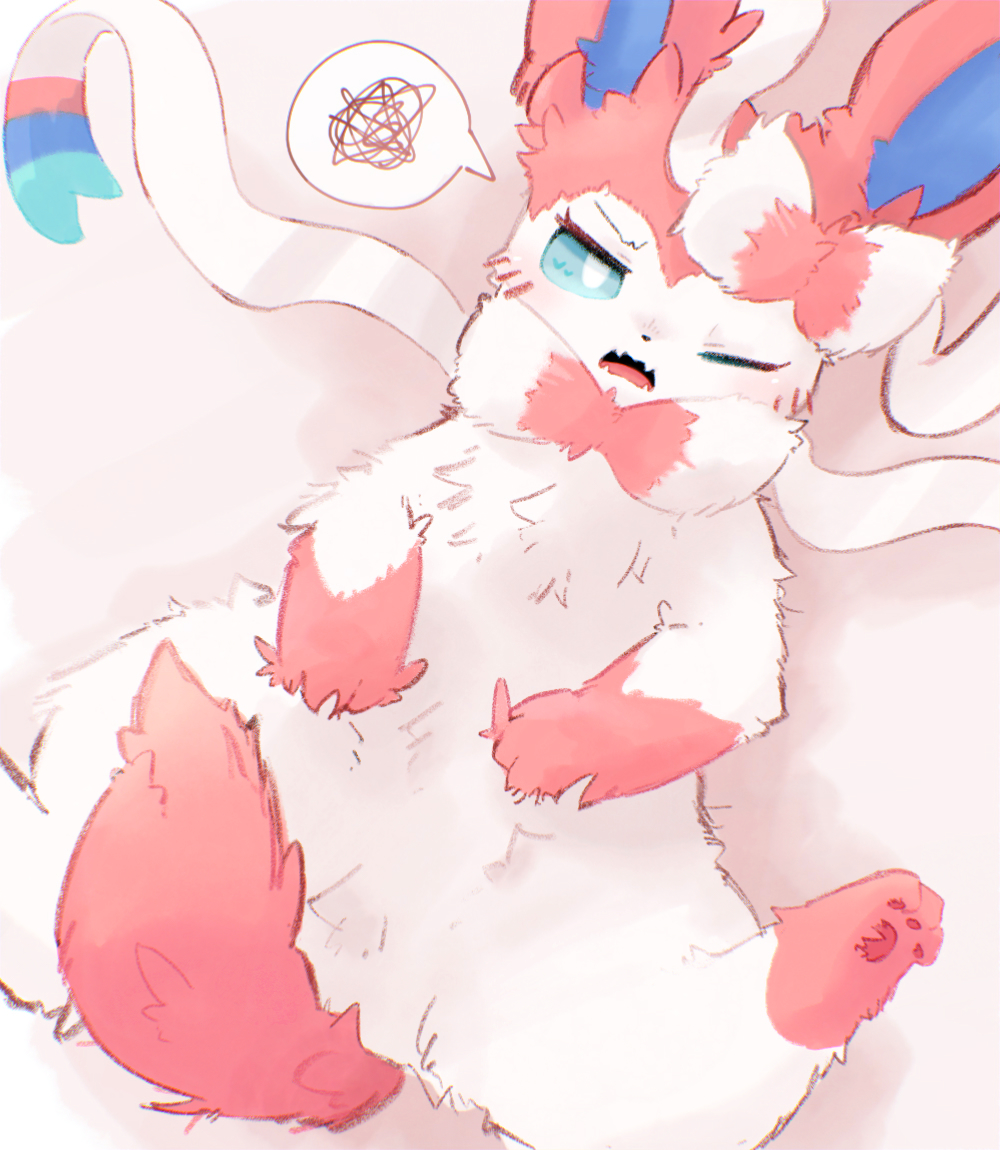 2021 angry blush bow_tie cheek_tuft curled_tail cute_fangs digital_media_(artwork) eeveelution eyebrows eyelashes facial_tuft fangs feral fluffy fur glare inner_ear_fluff looking_at_viewer lying netchy_boo nintendo on_back one_eye_closed open_mouth pawpads paws pink_body pink_fur pok&eacute;mon pok&eacute;mon_(species) ribbons simple_background soft solo speech_bubble squiggle sylveon tuft video_games white_body white_fur