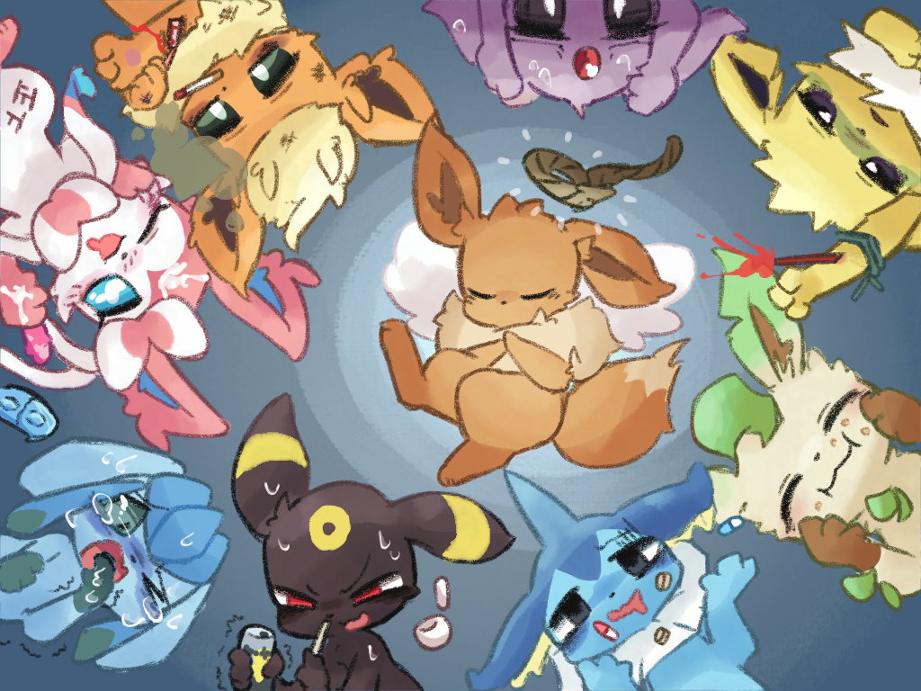 ambiguous_gender anthro black_body black_fur blood blue_body blue_fur blue_skin bodily_fluids brown_body brown_fur crying cum cum_on_face drugged drugs eevee eeveelution espeon eyes_closed flareon fur genital_fluids glaceon jolteon leafeon netchy_boo nintendo orange_body orange_fur pain pills pink_body pink_fur pok&eacute;mon pok&eacute;mon_(species) substance_intoxication suffering sylveon tears umbreon vaporeon video_games worried yellow_body yellow_fur