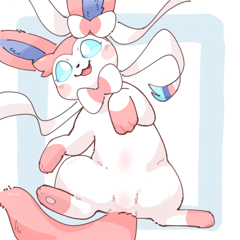 1:1 ambiguous_gender blue_eyes colored dipstick_limbs eeveelution exposed_belly feral fur netchy_boo nintendo paws pink_body pink_fur pok&eacute;mon pok&eacute;mon_(species) ribbons simple_background smile solo sylveon video_games