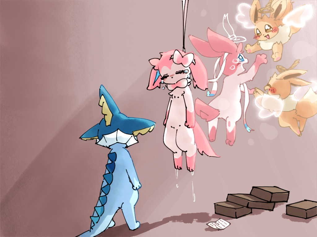 afterlife ambiguous_gender angel anthro blue_body blue_skin blush bodily_fluids brown_body brown_fur crying death eevee eeveelution fur group hanged netchy_boo nintendo open_mouth open_smile pink_body pink_fur pok&eacute;mon pok&eacute;mon_(species) semi-anthro smile standing suicide sylveon tears vaporeon video_games