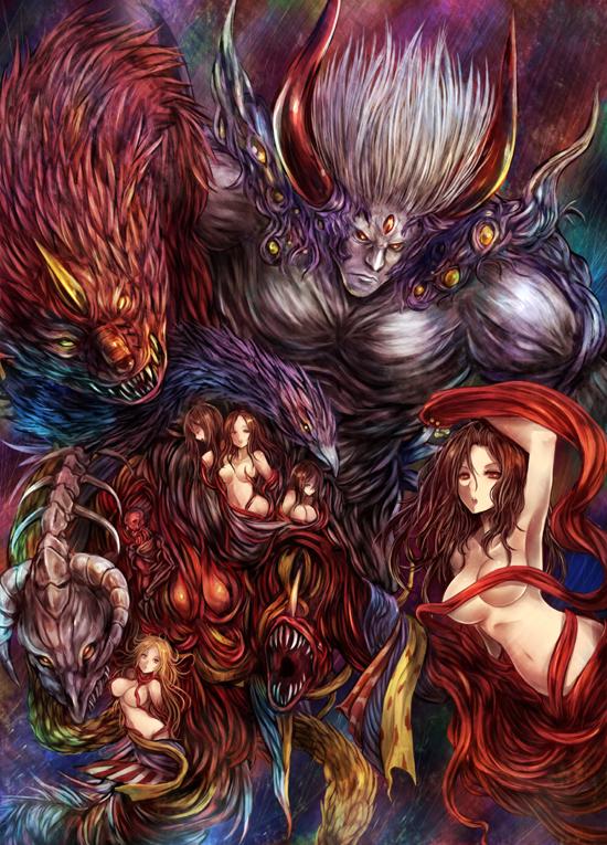 1boy breasts brown_hair closed_mouth colored_sclera exdeath final_fantasy final_fantasy_v horns kara_(color) long_hair looking_at_viewer monster multiple_girls navel neo_exdeath no_humans single_horn